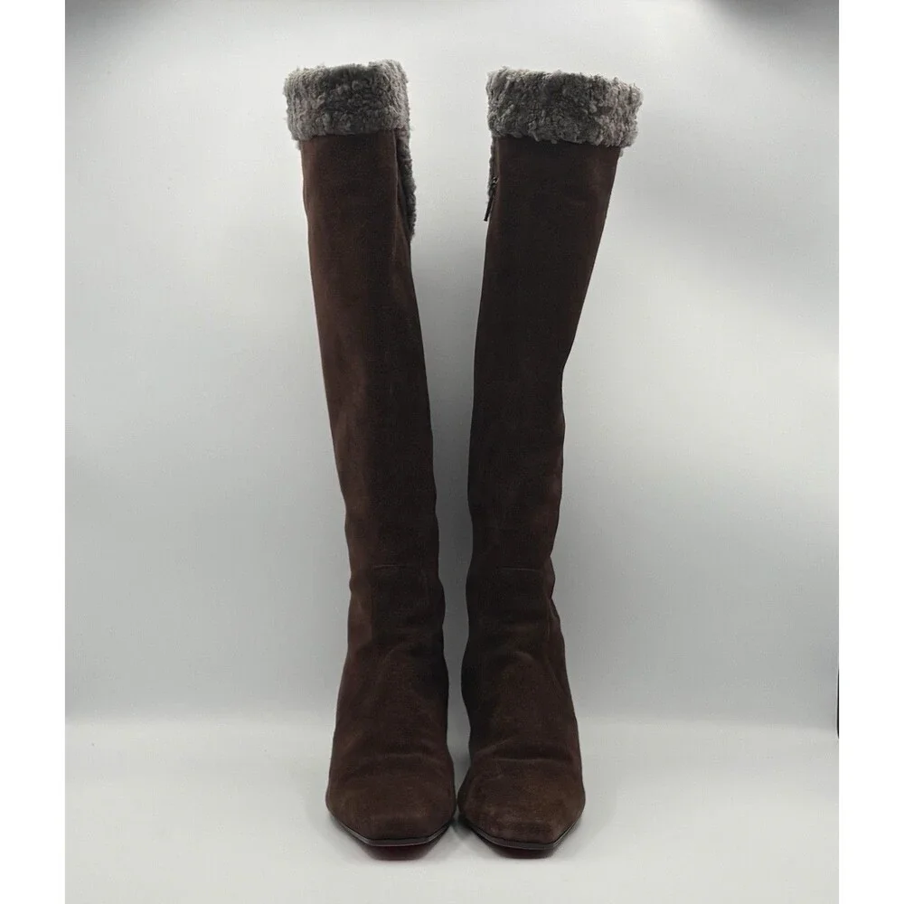 Christian Louboutin Brown Suede Knee High Boots Sheepskin Accent Size EU 36.5